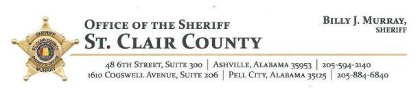 Office of the Sheriff St. Clair County. Sheriff Billy J. Murray. 48 6th Street, Suite 200, Ashville, Alabama 35953 205-594-2140. 1610 Cogswell Ave, Suite 206, Pell City, Alabama 35125. 205-884-6840